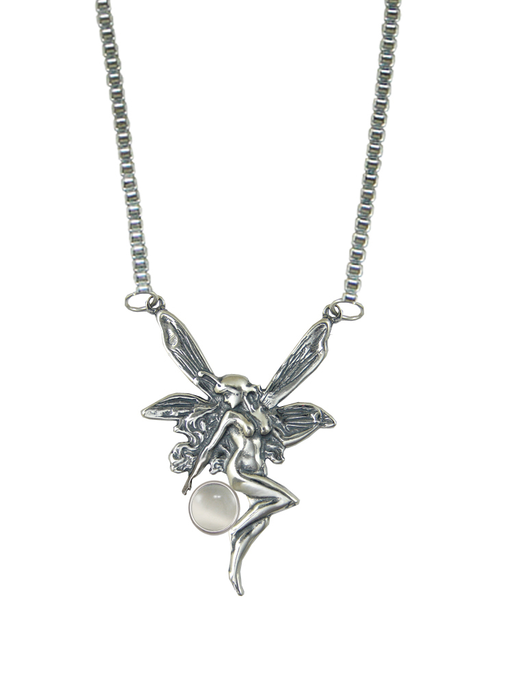 Sterling Silver Victorian Winged Fairy Necklace With White Moonstone Sterling Silver Victorian Winged Fairy Necklace With White Moonstone